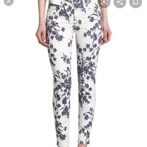 7 for All Mankind White Skinny Jeans with Blue/Grey Floral Pattern